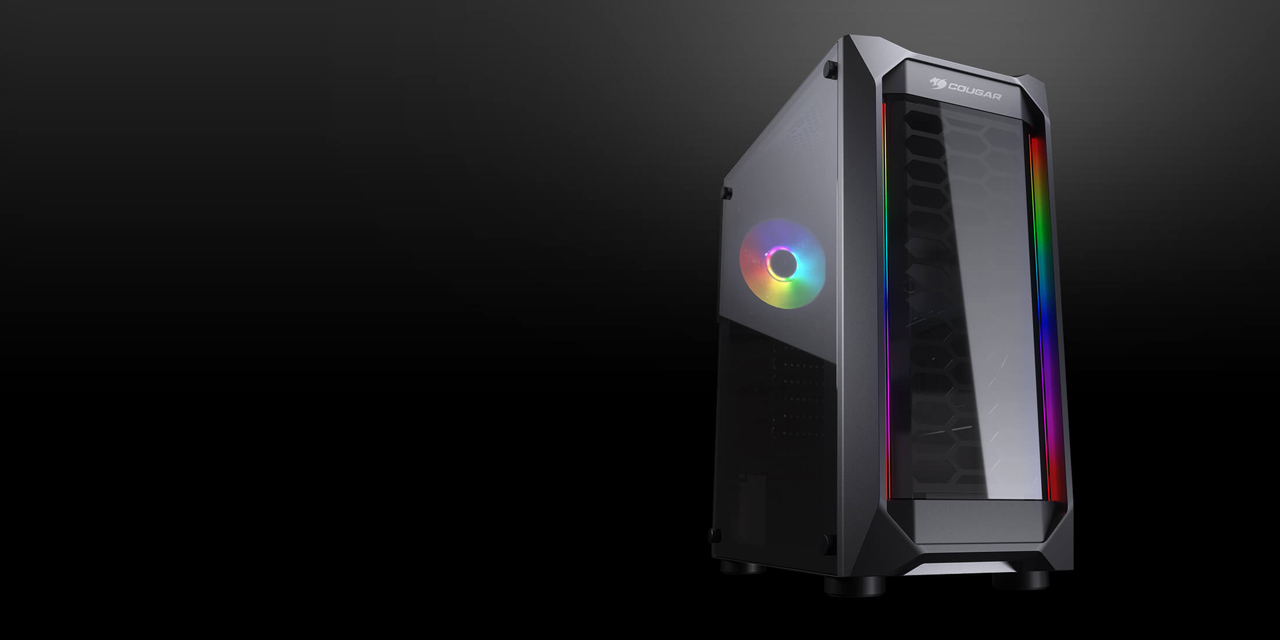 MX410 with illuminating fan and ARGB strips is tilted slightly to the right